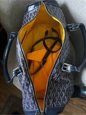 Navy Goyard Patterned Travel Duffle Bag with Yellow Interior